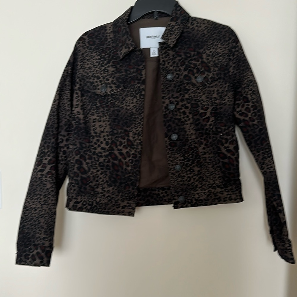 NINE WEST TAN LEOPARD PRINT DENIM JACKET.  SIZE S